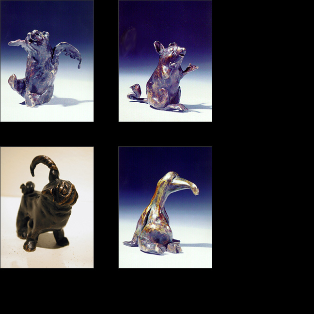 Sally Pettus sculpture, Winged Bear, Why Me Mouse, Horned Pug, Stuffed Penguin